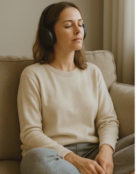 Wichtige Themen - Frequenzen-min Entspannte Frau sitzt im Schneidersitz auf dem Sofa, trägt Noise-Cancelling-Kopfhörer und hört beruhigende Frequenzen zur Entspannung und Schlafvorbereitung.