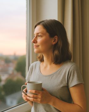 Wichtige Themen - Ruhe nach dem Sturm-min (1) Frau blickt ruhig aus dem Fenster nach draußen – Symbol für innere Ruhe und Achtsamkeit nach stressigen Zeiten.