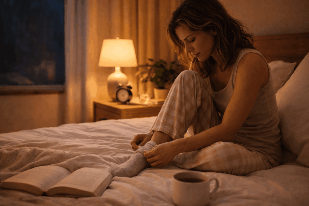 Frau sitzt abends auf dem Bett und bereitet sich ruhig auf das Schlafengehen vor