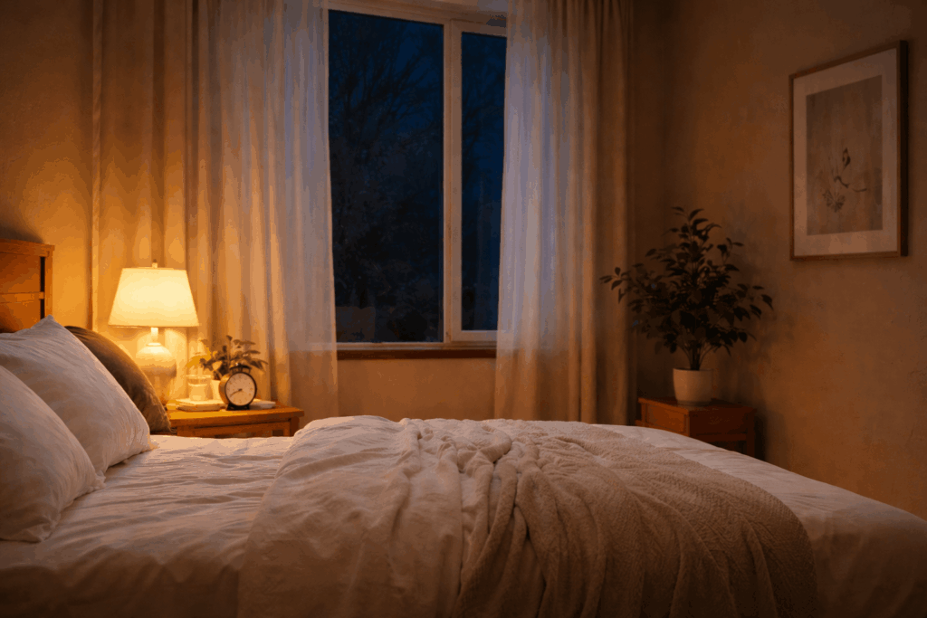 Ruhiges Schlafzimmer am Abend mit warmem Licht als Symbol für Schlafhygiene